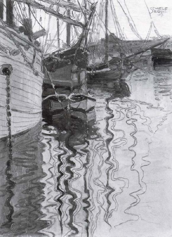 Egon Schiele Sailing-ships in trieste harbour